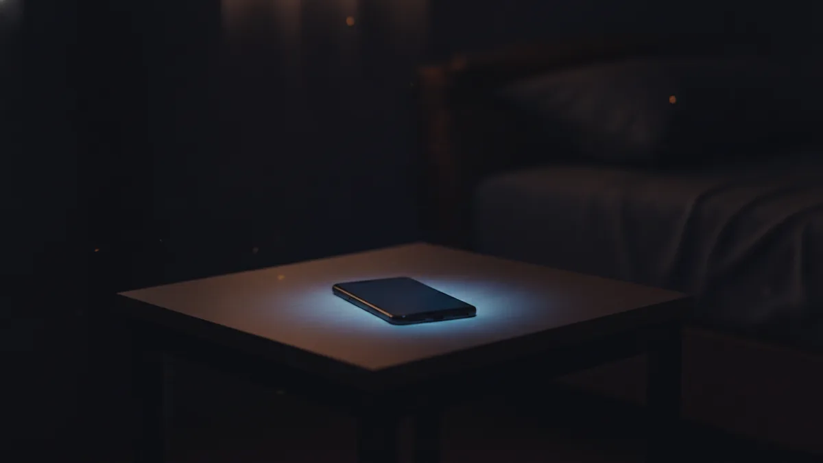 Telefon świecący na nocnym stoliku w ciemnym pokoju