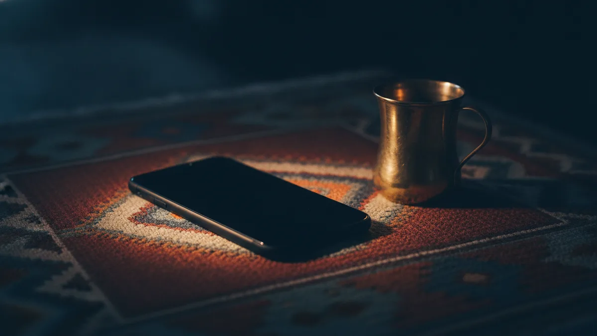 Telefon na wzorzystym kilimie obok pustej szklanki do herbaty