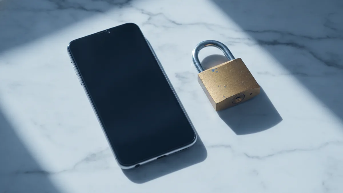 Telefon odwrócony ekranem do dołu obok zamkniętej kłódki