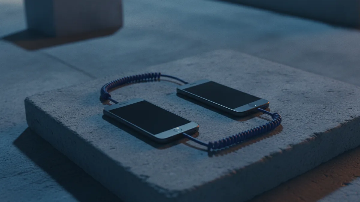 Dwa telefony połączone zwiniętym kablem telefonicznym