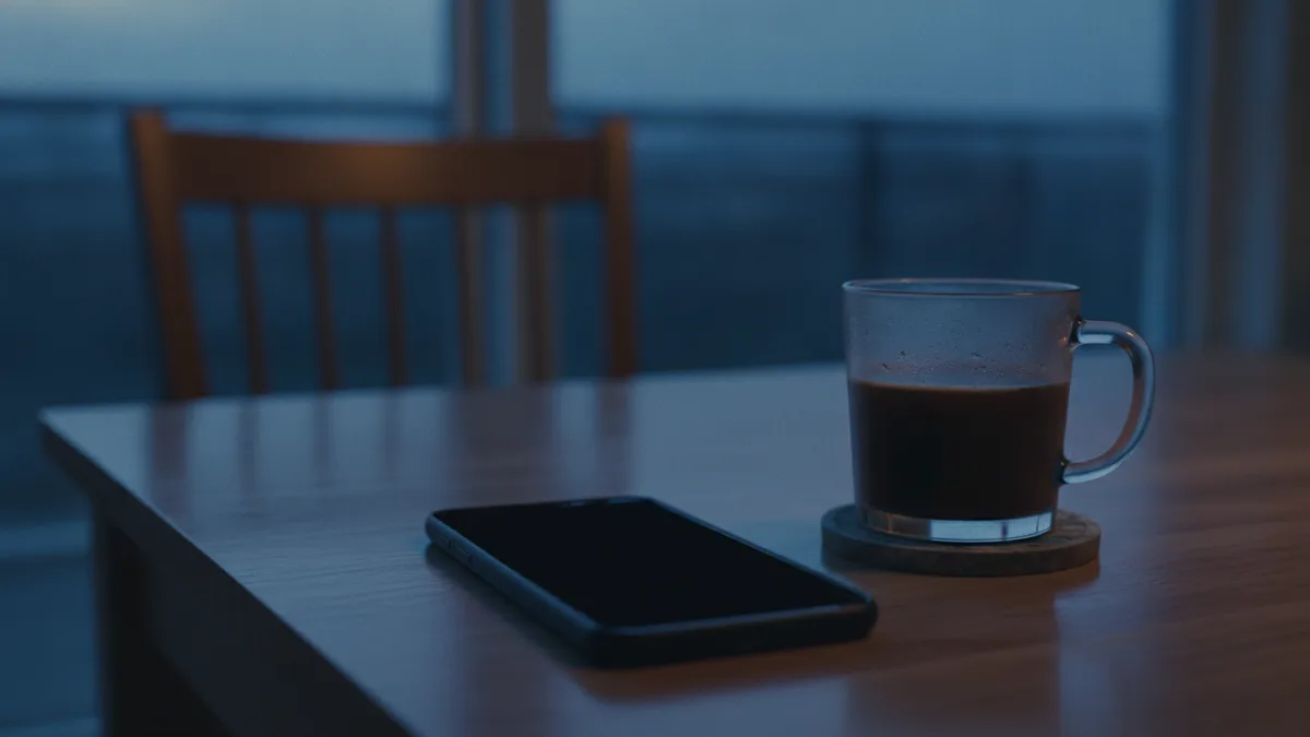 Telefon na kuchennym stole o zmierzchu obok wystygłej kawy